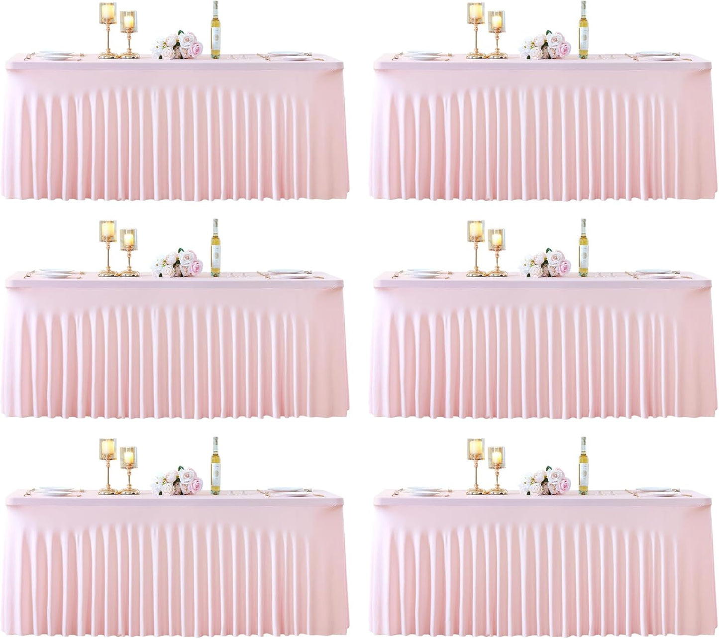 6 Pack 8ft Pink Spandex Table Cloths for Rectangle Tables Wrinkle Free Pink Rectangle Tablecloths Stretch Fitted Table Cover with Skirt for Baby Shower Girl Birthday Party Wedding Banquet Buffet