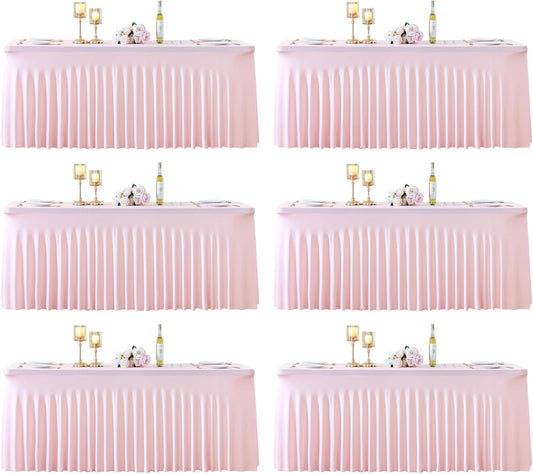 6 Pack 8ft Pink Spandex Table Cloths for Rectangle Tables Wrinkle Free Pink Rectangle Tablecloths Stretch Fitted Table Cover with Skirt for Baby Shower Girl Birthday Party Wedding Banquet Buffet