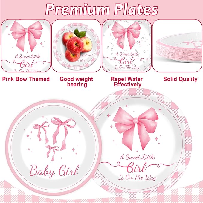 96Pcs Pink Bow Baby Shower Party Supplies Girl Bow Paper Plates Napkins Coquette Baby Girl Shower Party Decorations Dinnerware Favor Girls Bowknot Coquette Decor Dinnerware Favor Tableware Serves 24