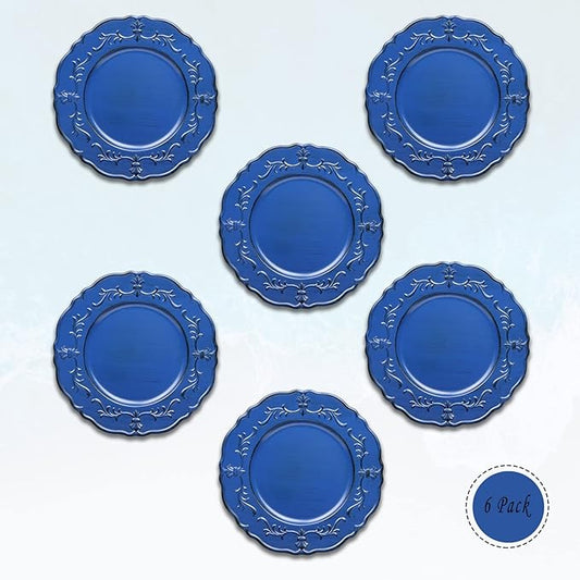 Spsyrine Antique Royal Blue Charger Plate, 13" Embossed Plastic Table Plate Chargers for Dinner, Set of 6 Elegant Decorations for Wedding, Dining, Party Events.