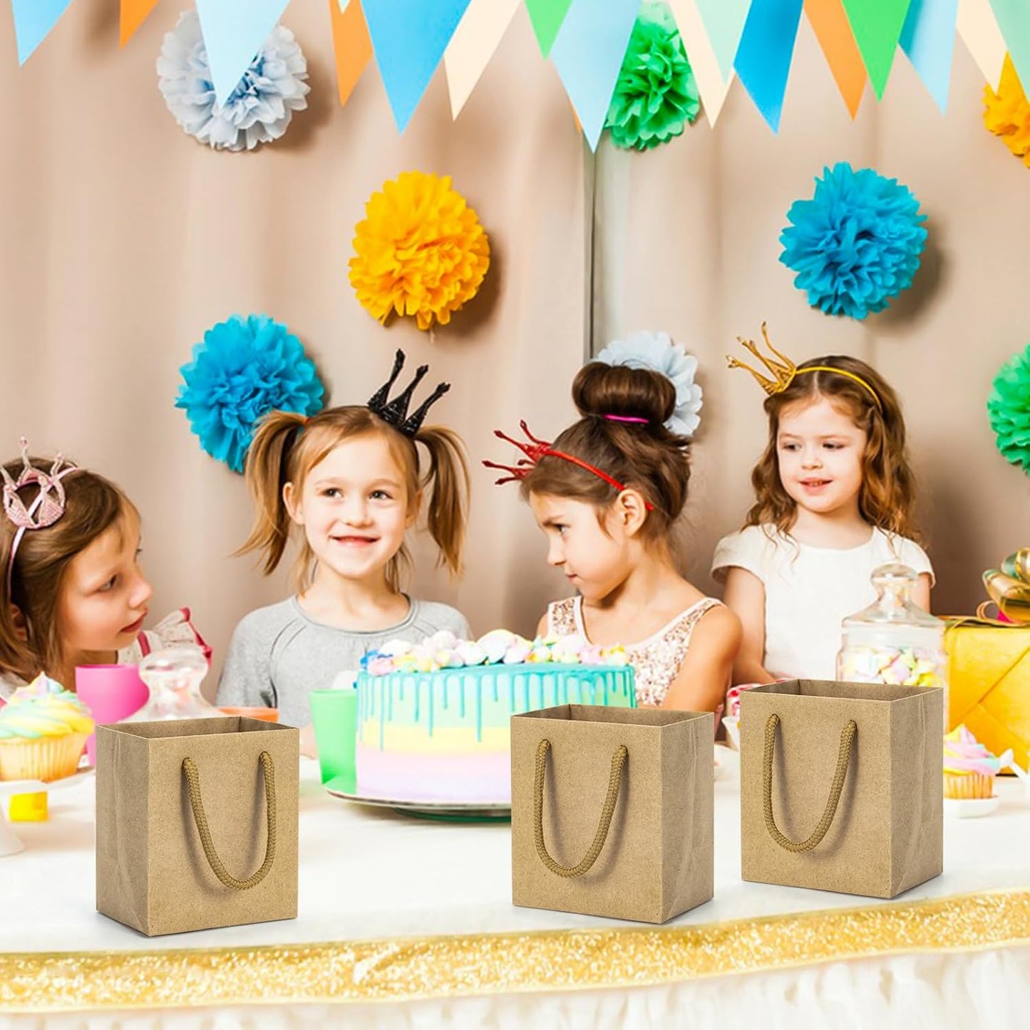 driew Small Brown Gift Bags 50 Pcs, 4" x 2.8" x 4.5" Min Thick Kraft Paper Bags Bulk with Brown Handles Set for Wedding Party Birthday Gathering Baby Shower