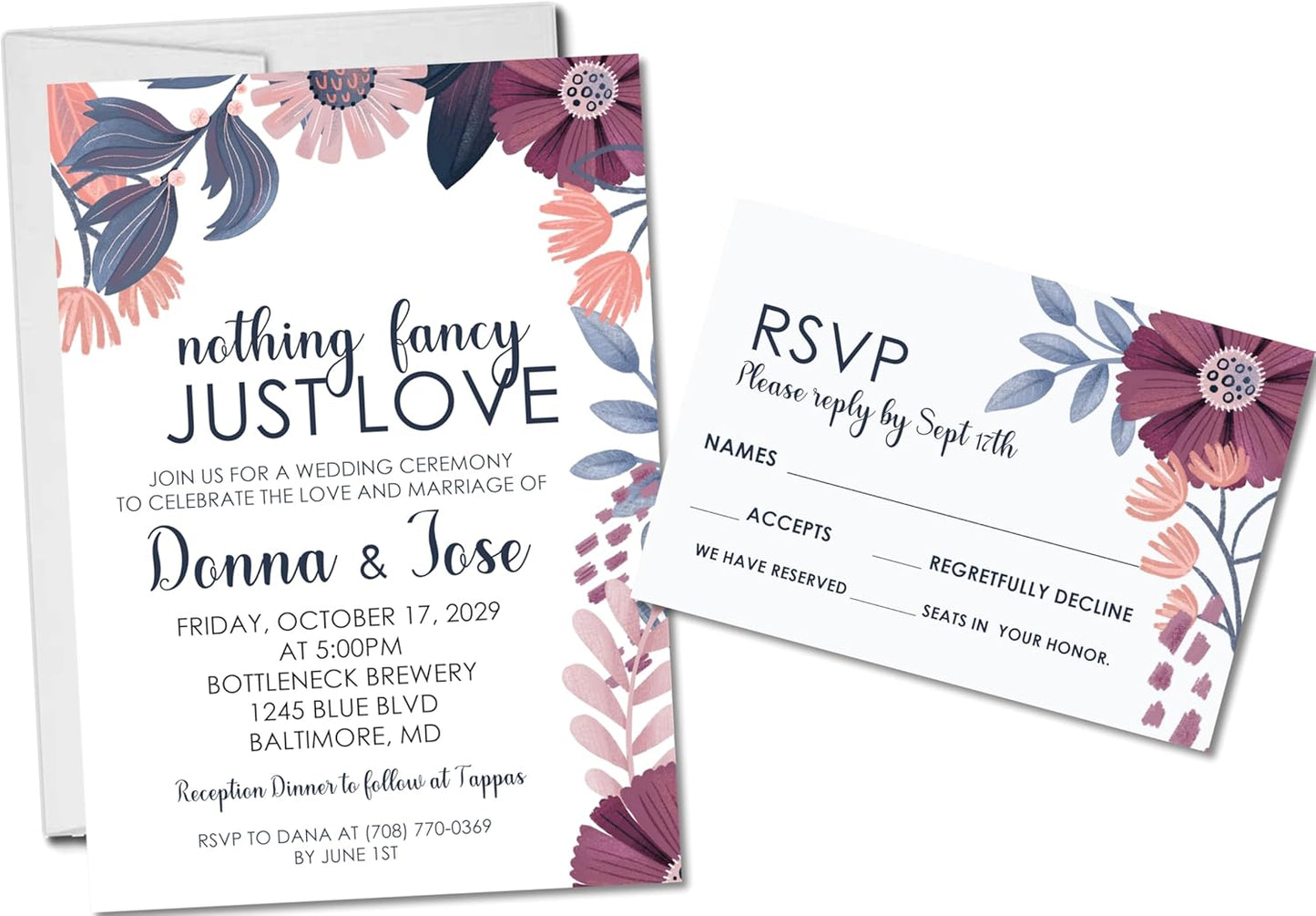 Purple & Blue Abstract Floral Wedding Invitations, Personalized, Set of 12 Invitations with Envelopes