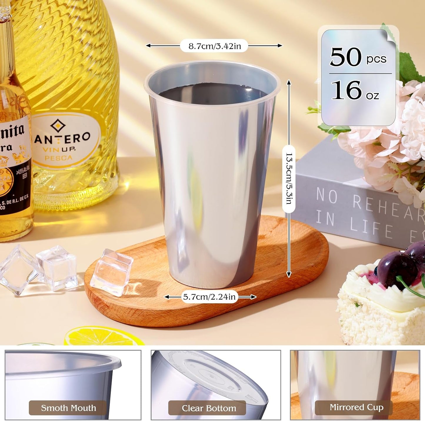 KesaPlan 50PCS Silver Plastic Cups, 16oz Disposable Plastic Tumblers for Party, Fancy Mirorred Silver Cups Bulk for Hot Cold Drinks, Disposable Drinking Glasses for Wedding Birthday Holiday Events