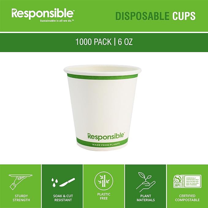 Responsible Products 6 oz Paper Hot Cups Bulk, Tree-Less™ Compostable Paper Coffee Cups, Extra Strength, Tree-Free and Made Without PFAS, White (1000 Count)