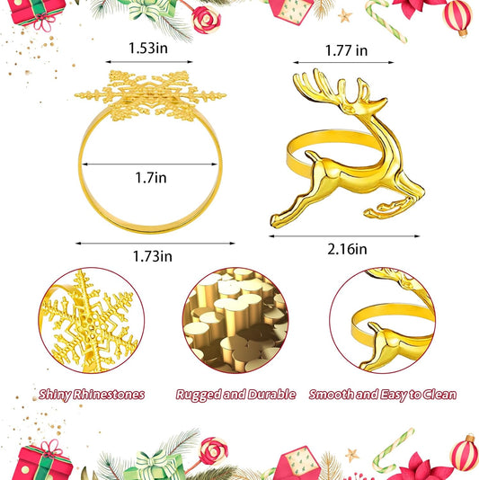 Christmas Napkin Rings Set of 12, Snowflake and Reindeer Xmas Napkin Holder Rings, Gold Winter Decorations Napkin Rings for Christmas Holiday Party, Dinner Table Setting, Wedding Adornment