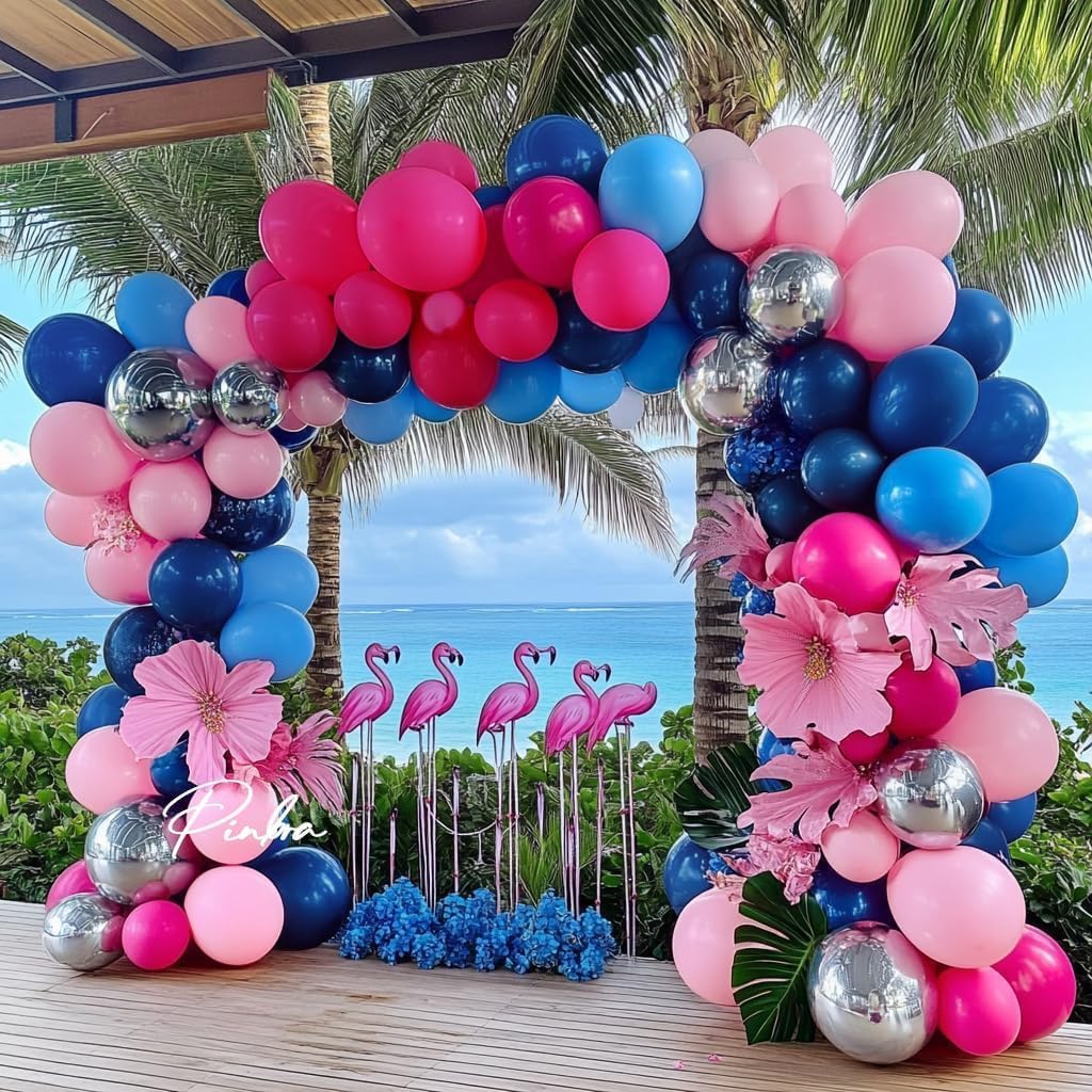 Navy Blue Pink Balloon Garland Double Stuffed Dark Blue Hot Pink Silver Balloons Royal Pastel Balloon Arch Kit for Birthday Gender Reveal Baby Shower Graduation Hawaii Party Decorations