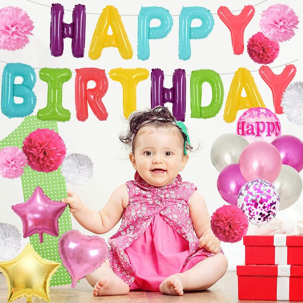 TONIFUL Coloful Macaron Rainbow Happy Birthday Balloons Banner with Ribbon Straw, 16 Inch Mylar Foil Letters Birthday Sign Bunting Reusable for Girls Boys Kids & Adults Birthday