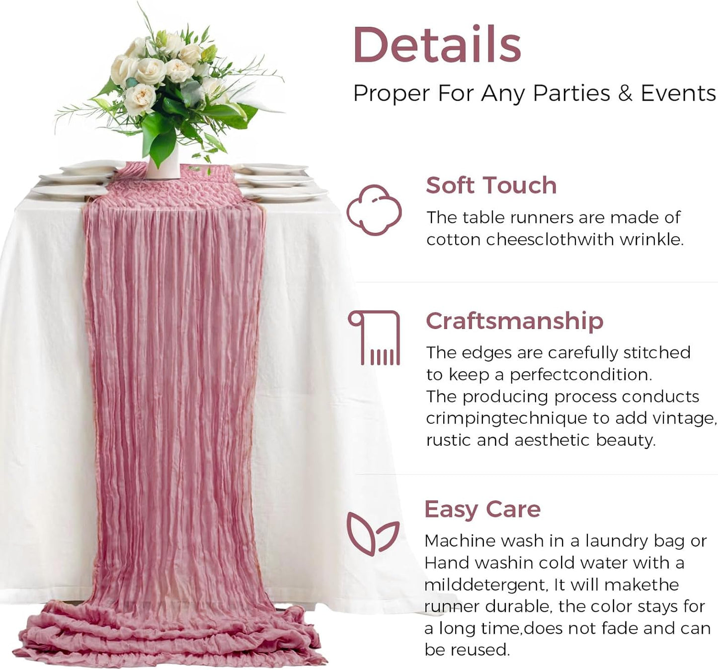6 Pack Cheesecloth Table Runner 10Ft Boho Gauze Table Runner Cheese Cloth Long Rustic Sheer Table Runner for Wedding Bridal Baby Shower Birthday Party Cake Table Arbor Decorations (Dusty Rose)