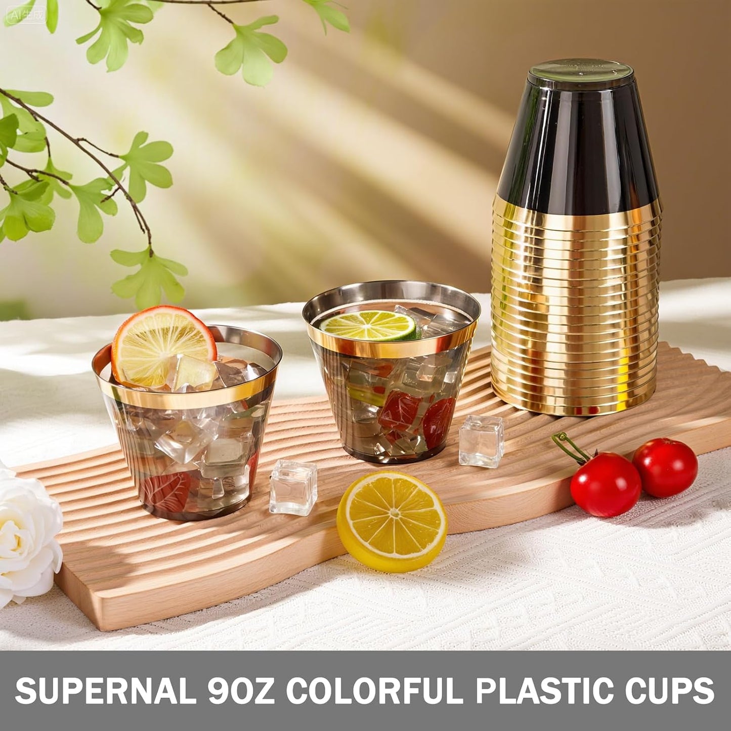 supernal 200 Pcs Gold and Black Plastic Cups,9Oz Gold Rimmed Disposable Cups,Heavy-Duty Plastic Cocktail Glasses for Party,Fancy Party Cups,Perfect for Christmas,Holiday,Birthday Party Events