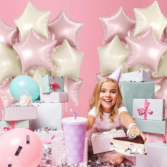 Biapian Baby Pink Star Foil Balloons, 10PCS Light Pink Cream White Foil Stars Shape Balloon, 18 Inch Stars Balloons for Helium Pentagram Balloon for Girls Birthday, Baby Shower Party Decoration
