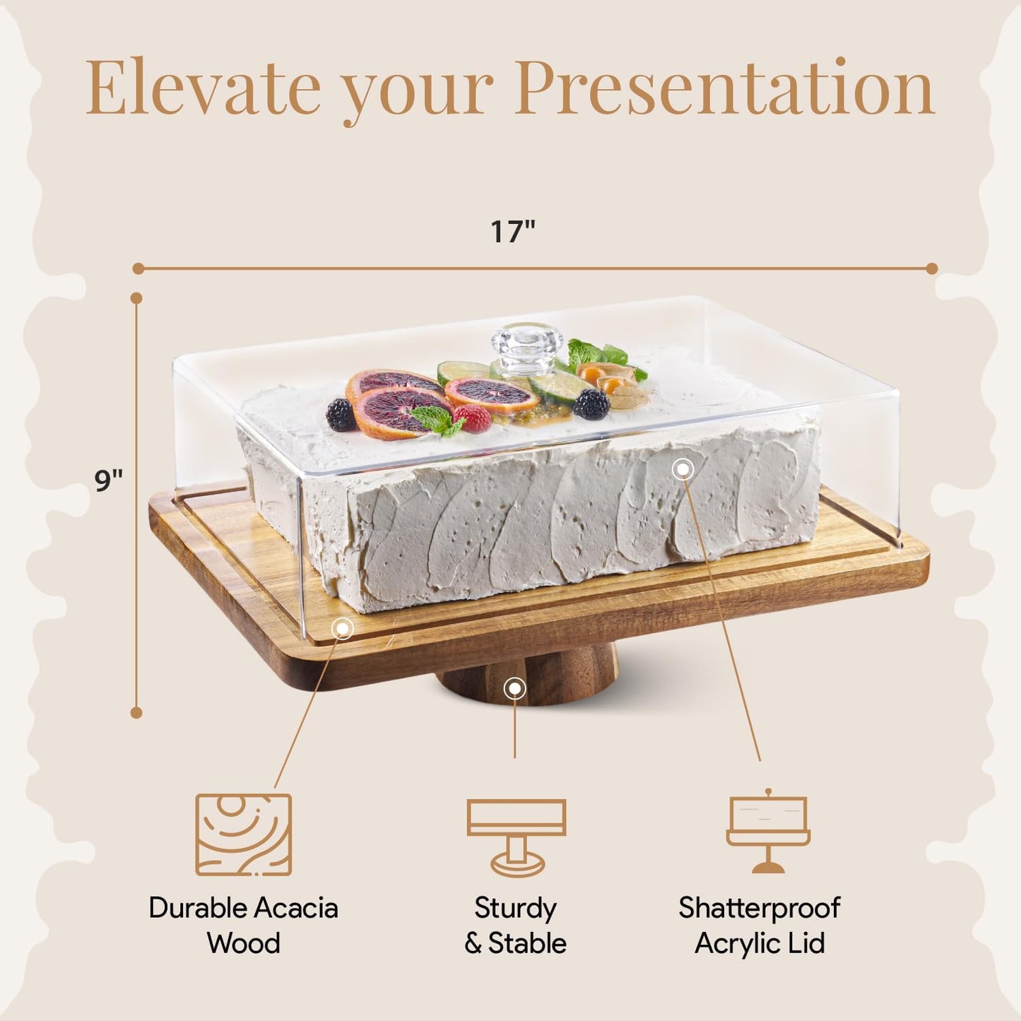 Acacia Wood Cake Stand with Lid - Rectangular Cake Holder, 2-in-1 Dessert Table Display Set & Charcuterie Board for Cheese, Chips, Fruit Platter, Large Acrylic Cake Dome Cover, No Glass