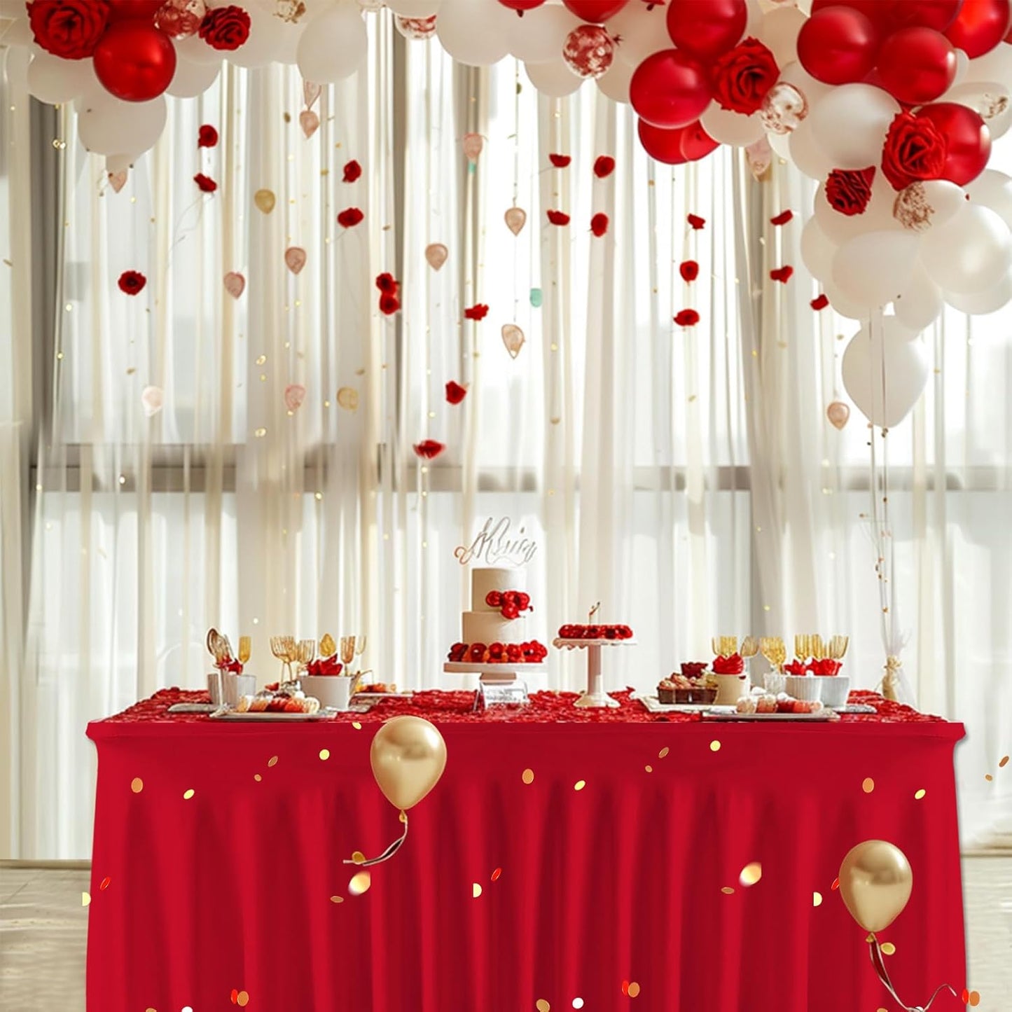Red Spandex Tablecloth with Skirt for 6FT Tables – Wrinkle-Free, Stretch Fitted Elastic Cover – Rectangle Table Cloth for Christmas Banquets Parties Buffets Restaurants
