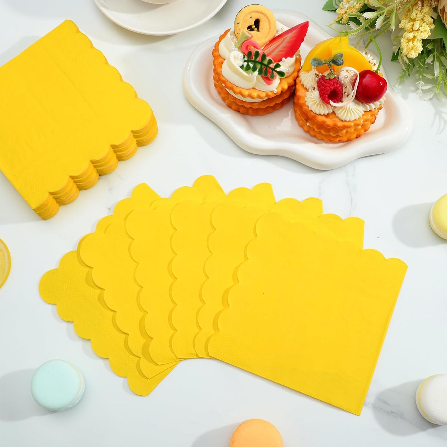 120 Pcs Yellow Cocktail Napkins Scalloped Picnic Napkins Disposable Lemon Dessert Beverage Napkins Spring Napkin for Birthday,Wedding