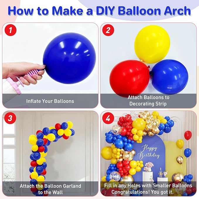 Red Blue Yellow Balloons Garland Arch Kit, 167Pcs Latex Balloons Different Sizes for Snow Beauty White Birthday Bridal Baby Shower Wedding Carnival Circus Cartoon Theme Party