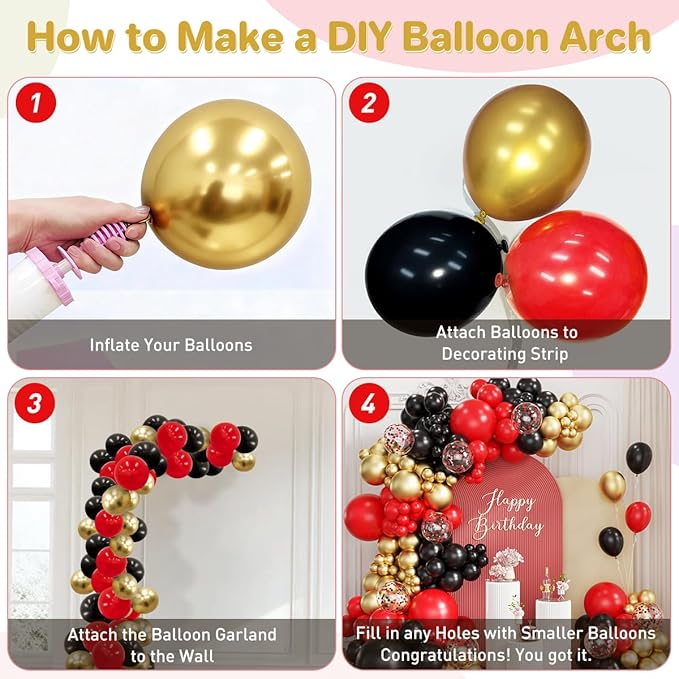 Red Black Gold Balloons Garland Arch Kit, 167Pcs Latex Balloons Different Sizes 18 12 10 5 inch for Graduation Birthday Hollywood Movie Night Casino Theme Party Decorations