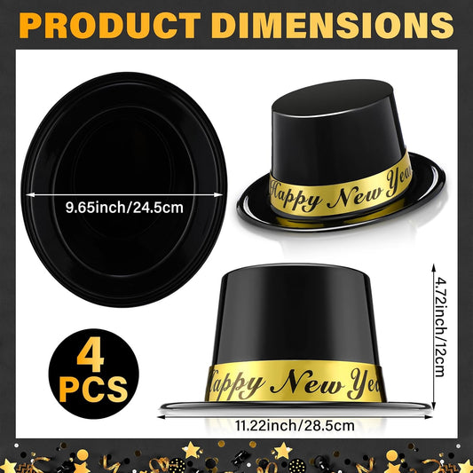 Geyoga 4 Pcs Happy New Years Top Hat 2026 Eve Party black Plastic Celebration Hats for New Years Eve Party Supplies Accessory Costume wear