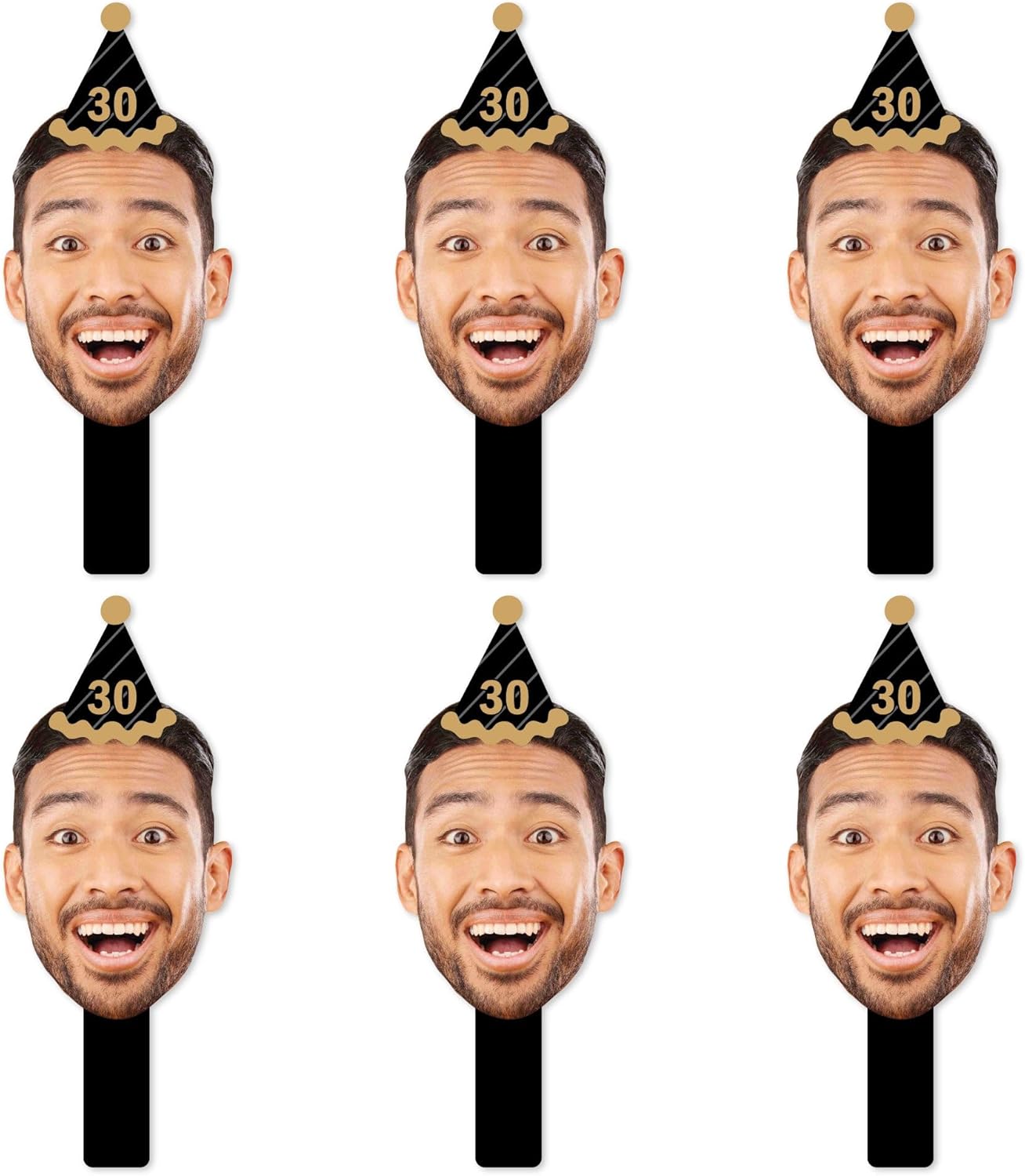 Big Dot of Happiness Custom Photo Adult Happy Birthday - Gold - Birthday Party Head Cut Out Photo Booth and Fan Props - Fun Face Cutout Paddles - Set of 6