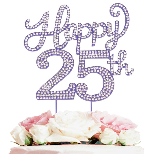 Happy 25th Birthday Purple Rhinestone Cake Topper - 25th Birthday/Anniversary,Cheers to 25 Years Old Bday Party Metal Sparkly Centerpieces Decorations.