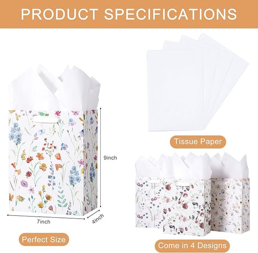 Loveinside Medium Size Gift Bags, Colorful Flower Pattern Gift Bag with Tissue Paper for Shopping, Parties, Wedding, Baby Shower, Craft-4 Pack, 7" X 4" X 9"