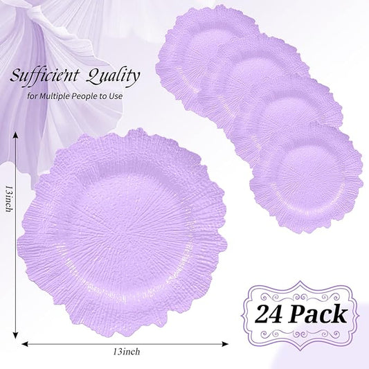 24 Pack Lavender Charger Plates Bulk, 13" Plastic Reef Chargers for Dinner Plates, Round Charger Plate with Floral Reef Design for Dinner Wedding Party Table Setting Decoration