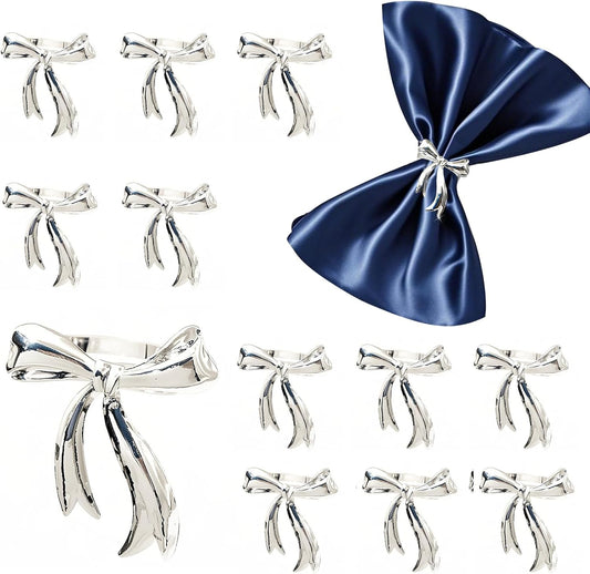 Silver Bow Napkin Rings Set of 12 Christmas Bow Tie Napkin Rings for New Year Valentine's Day Decor,Shiny Metal Bowknot Napkin Ring Holders for Elegant Wedding Restaurants Home Table Setting