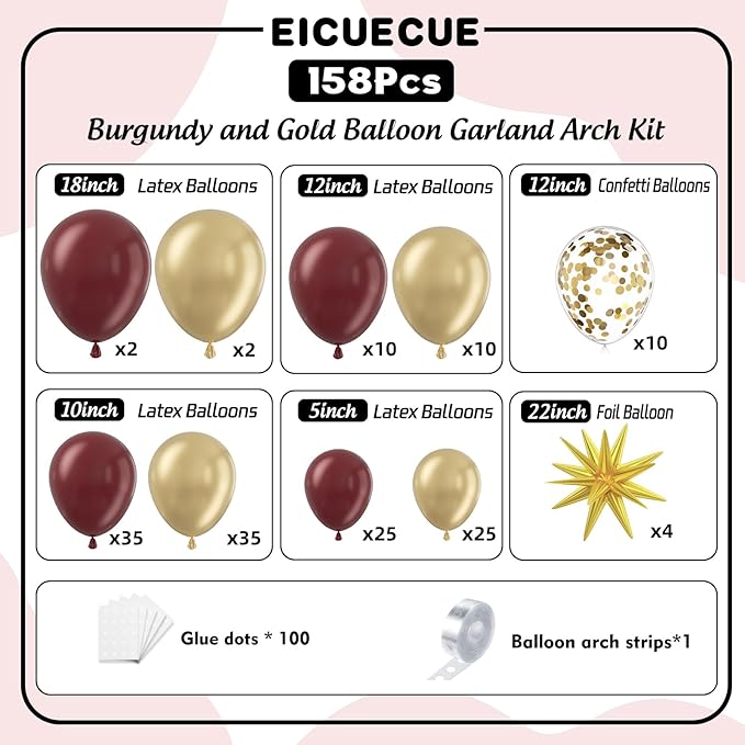Burgundy and Gold Balloons Arch Kit - 158Pcs Burgundy Maroon and Metallic Gold Balloon Garland Kit for Birthday Wedding Anniversary Bridal Bachelorette Wedding Mother's Day Party Decorations
