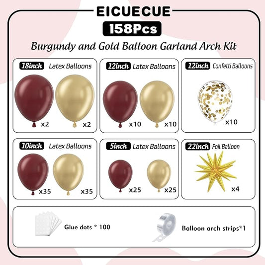 Burgundy and Gold Balloons Arch Kit - 158Pcs Burgundy Maroon and Metallic Gold Balloon Garland Kit for Birthday Wedding Anniversary Bridal Bachelorette Wedding Mother's Day Party Decorations
