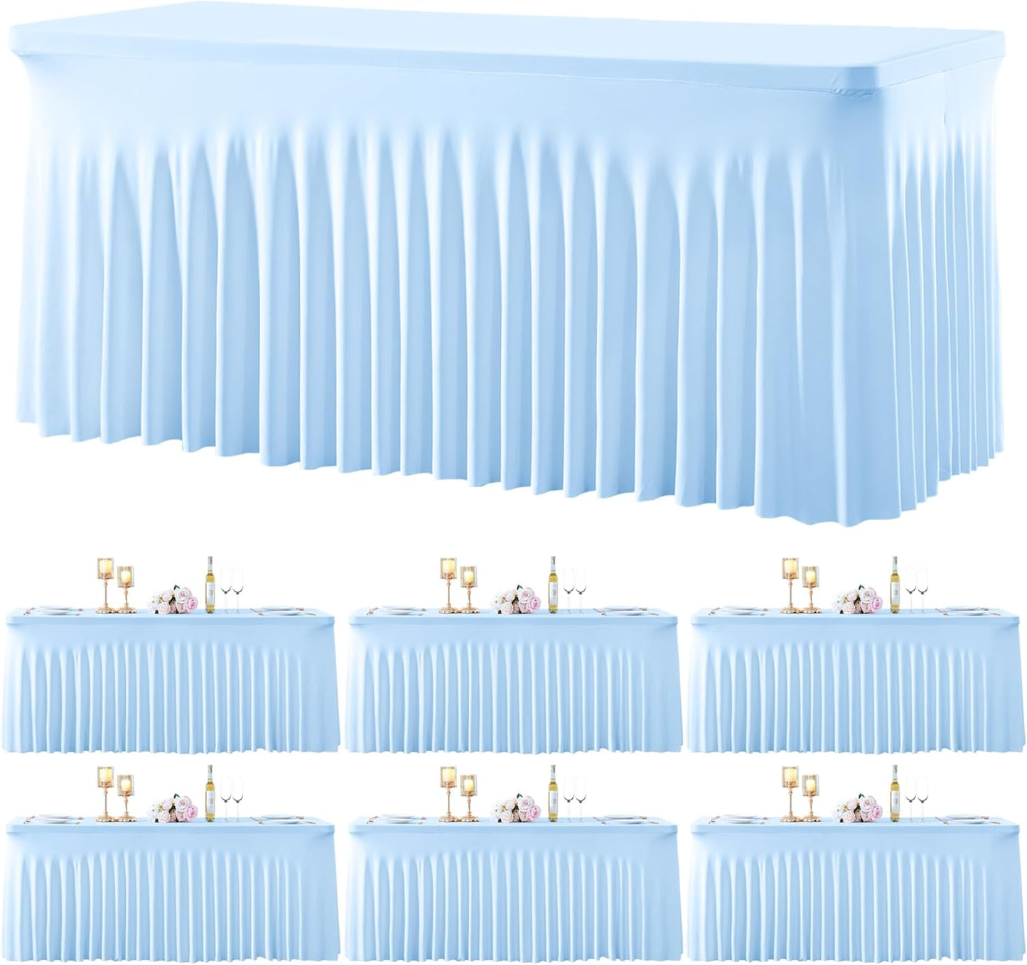 6 Pack Spandex Baby Blue Fitted Table Cloth for 8ft Rectangle Tables Baby Blue Stretch Tablecloth Table Covers Banquet Table Clothes Wrinkle Free Table Skirt for Parties Wedding