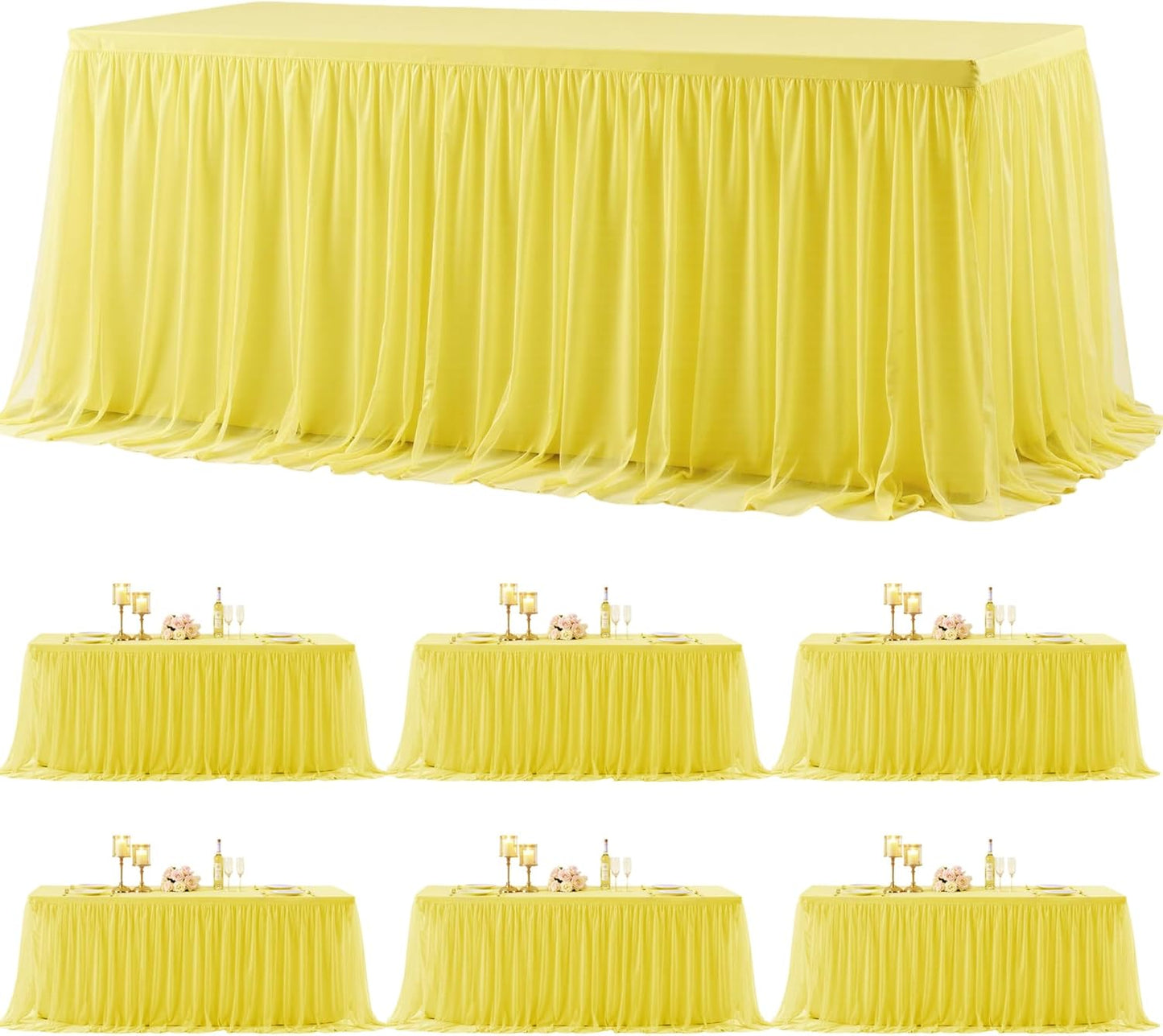 6 Pack Yellow Tulle Tablecloth for 8 Foot Rectangular Tables 8ft Yellow Rectangle Table Cloths Wrinkle Free Table Cover with Tutu Skirt for Birthday Cocktail Banquet Buffet Lemon Fruit Party Decor