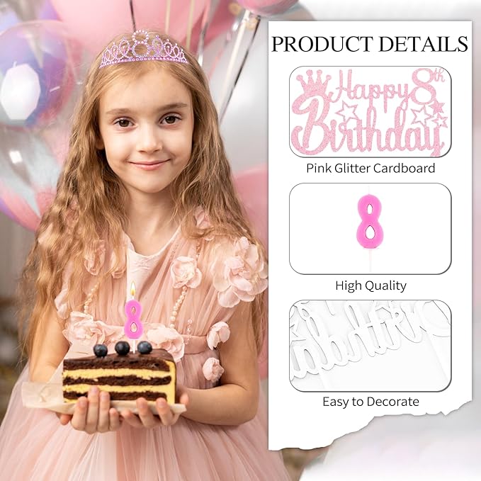 8th Birthday Party Decorations Set for Girls- Pink Crown, Glitter Sash, Number 8 Candle & Cake Topper Kit for Birthday Celebrations Party Supplies Gift