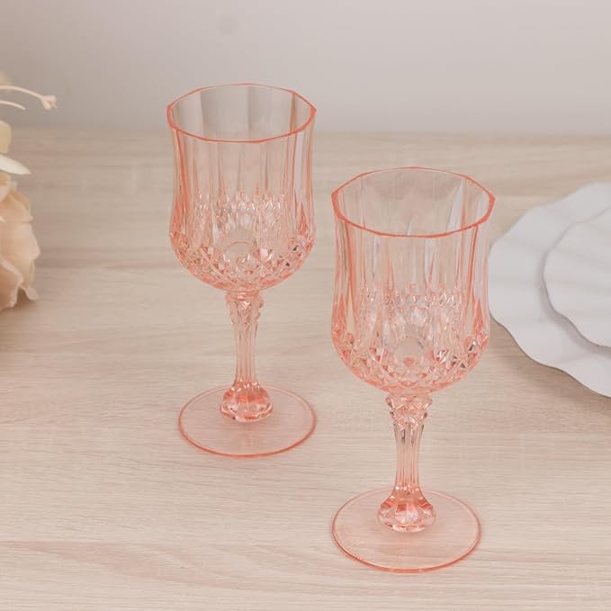 Efavormart 6-Pack Plastic Wine Glasses 8oz, Transparent Blush - Crystal Cut Shatterproof Cocktail Goblets Drinking Glasses