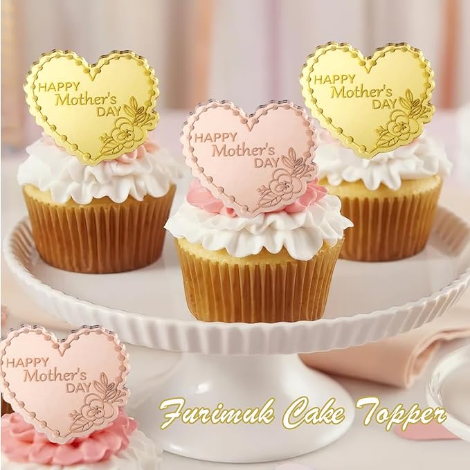 20 Pcs Mother's Day Cupcake Topper Acrylic Cake Disc Mirror Heart Cake Topper Engraved Happy Mother's Day Cake Topper Cupcake Decorations for Birthday Mother's Day Gifts Party Decor (Gold & Rose Gold)