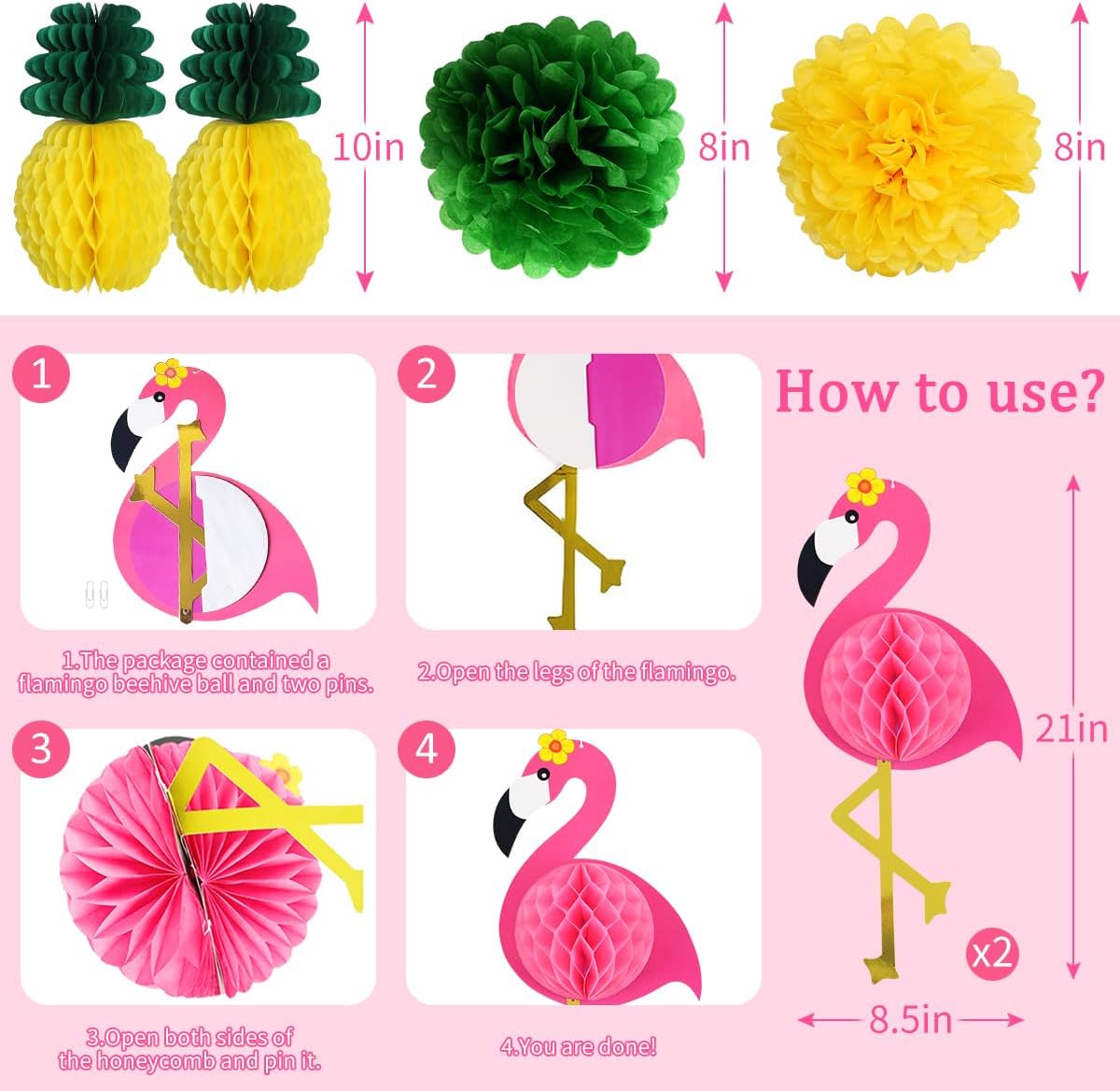 Yuxiou Flamingo Party Decorations Hawaiian Garland Flamingo and Pineapple Honeycomb Decorations Paper Lanterns Fans Pom poms Flowers for Birthday Luau Tropical Bachelorette Party
