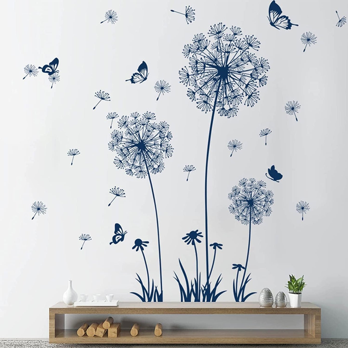 2 Set Dandelion Wall Decals Peel and Stick Blue Dandelion Wall Stickers Large Floral Wall Stickers & Murals Flower Wall Decals for Living Room Bedroom Bathroom Restroom Roommates Vinyl Wall Art