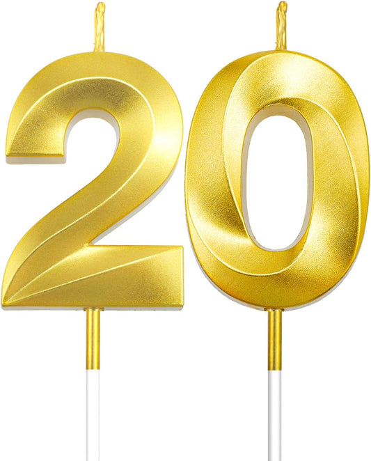 20th Birthday Cake Topper, Gold 20 Birthday Candle, 2 0 Candles 20th Birthday Cupcake Party Favor Happy Birthday Party Decorations Birthday Candle for Cake Sparklers Birthday Gifts