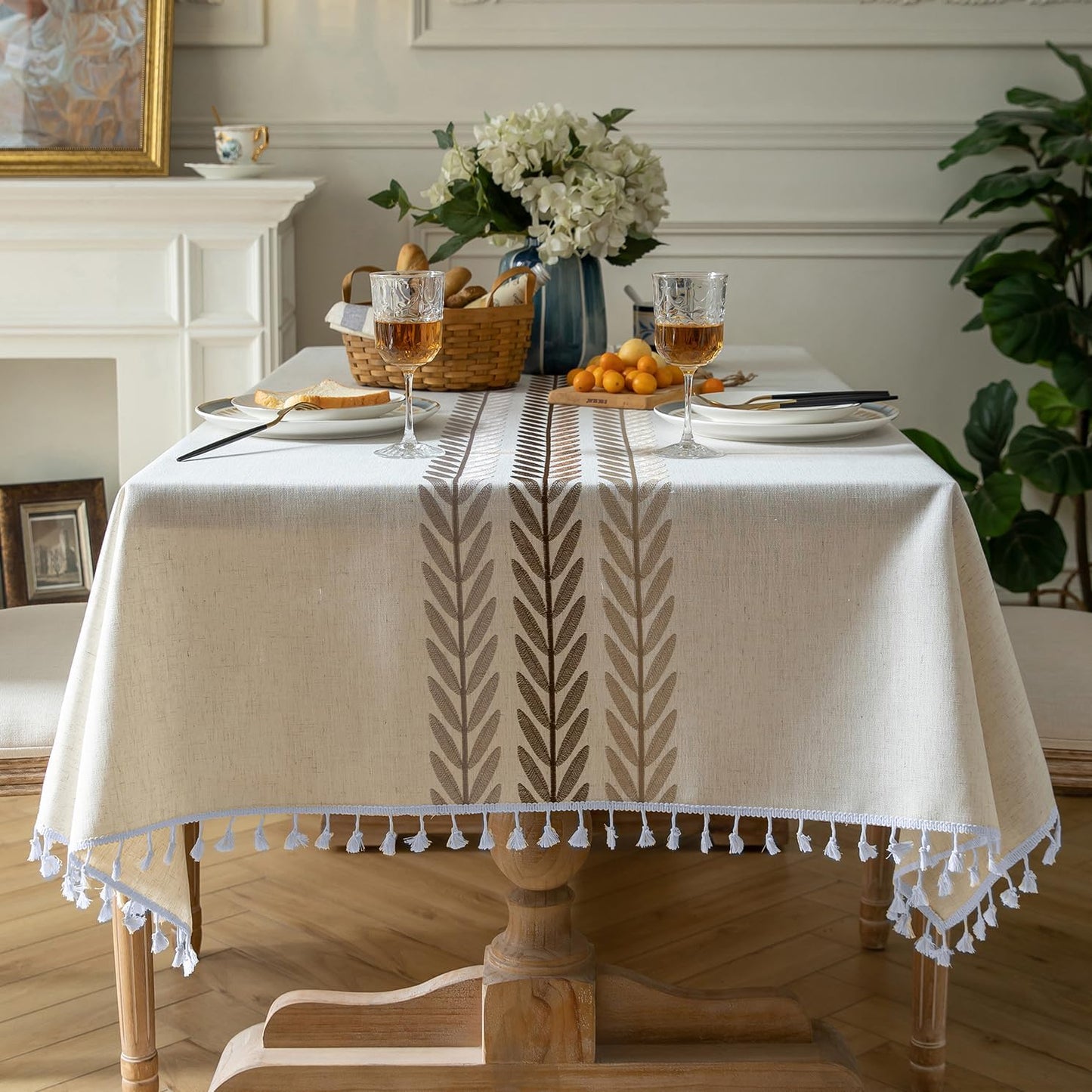 Oubonun Cotton Linen Rectangular Tablecloth - Wrinkle Resistant & Waterproof - Machine Washable Table Cloth with Tassels for Kitchen & Dining, 55''x120'', 10-12 Seats