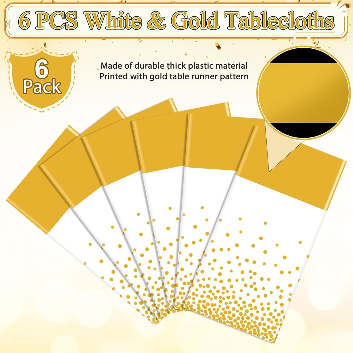 6Pcs White and Gold Tablecloth Party Decorations,Plastic White Table Cloth Printed Gold Table Runner Disposable Rectangle Table Cover for Birthday Wedding Anniversary Graduation Party,54 x108 Inch