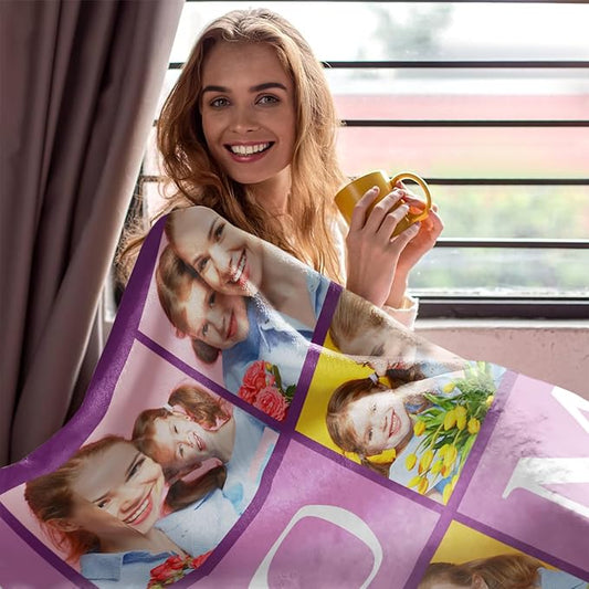 Mothers Day Blanket Gifts for Mom,Custom Blanket with Picture Text Personalized Photo Throw Blanket Customized New Moms Gift from Daughter Son Husband, Birthday Gift for Wife Grandma Grandmother Women