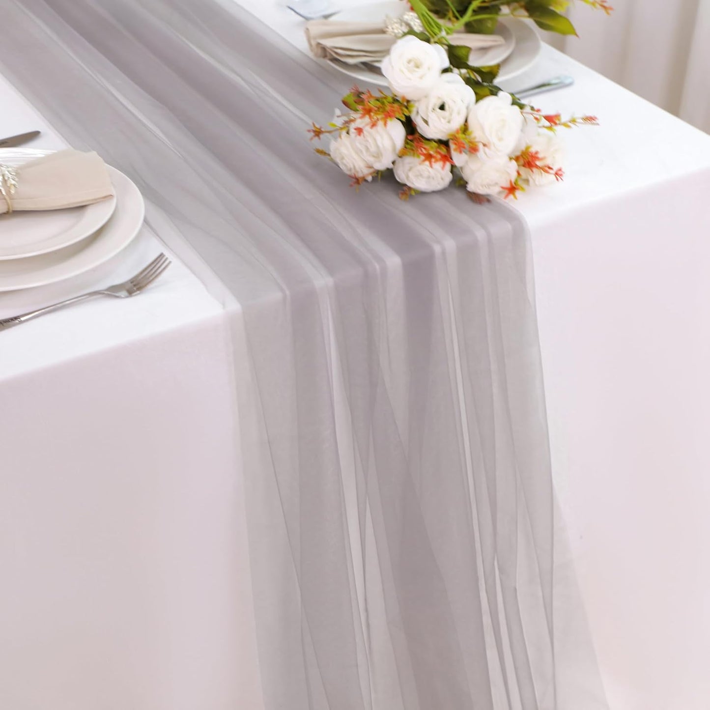 Snowkingdom Grey Table Runner, 10FT Light Grey Tulle Rustic Gauze Cheesecloth Table Decorations, Long Boho Rustic Tulle Runners for Wedding Birthday Christmas Outdoor Party Home Decor 120 Inch