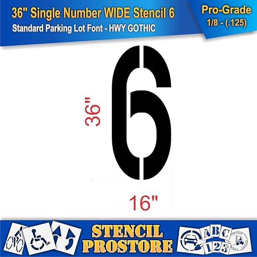 Pavement Stencils - 36 inch Single Number Stencil (Wide) - 6-36" x 16" x 1/8" (128 mil) - Pro-Grade