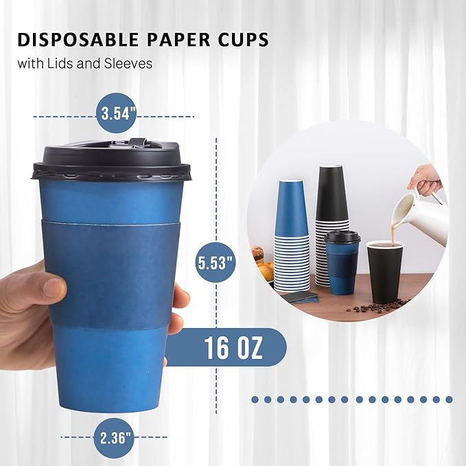 SIUQ 100 Pack 16 oz Disposable Coffee Cups with Lids and Sleeves, To Go Paper Cups, Hot & Cold Drinking Cups for Tea, Coffee, Water, Hot Chocolate, Paper Coffee Cups Ideal for Home,Cafes,Store