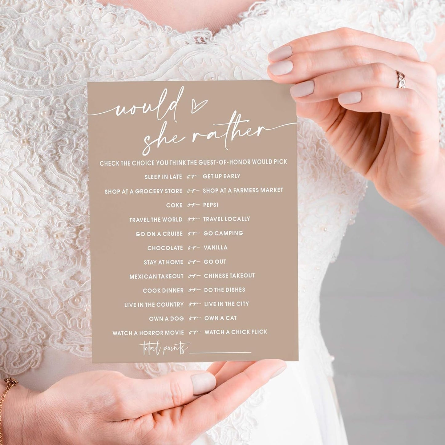 Bridal Shower Games Cards, Would She Rather Bridal Shower Game for 25 Guests, Engagement Party Wedding Games for Guests, Minimalist Brown Wedding Party Supplies - D11