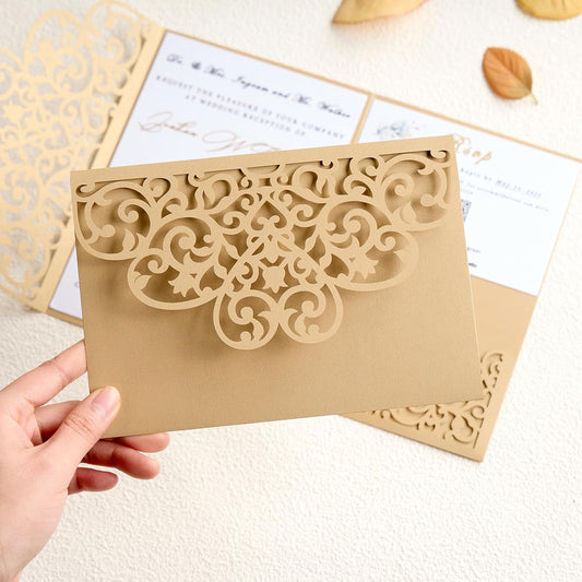 50Pcs Personalized Wedding Invitations Gold Laser Cut Invitation Kits with Envelopes and RSVP Cards For Wedding Baby Shower Birthday Quinceanera Invitation