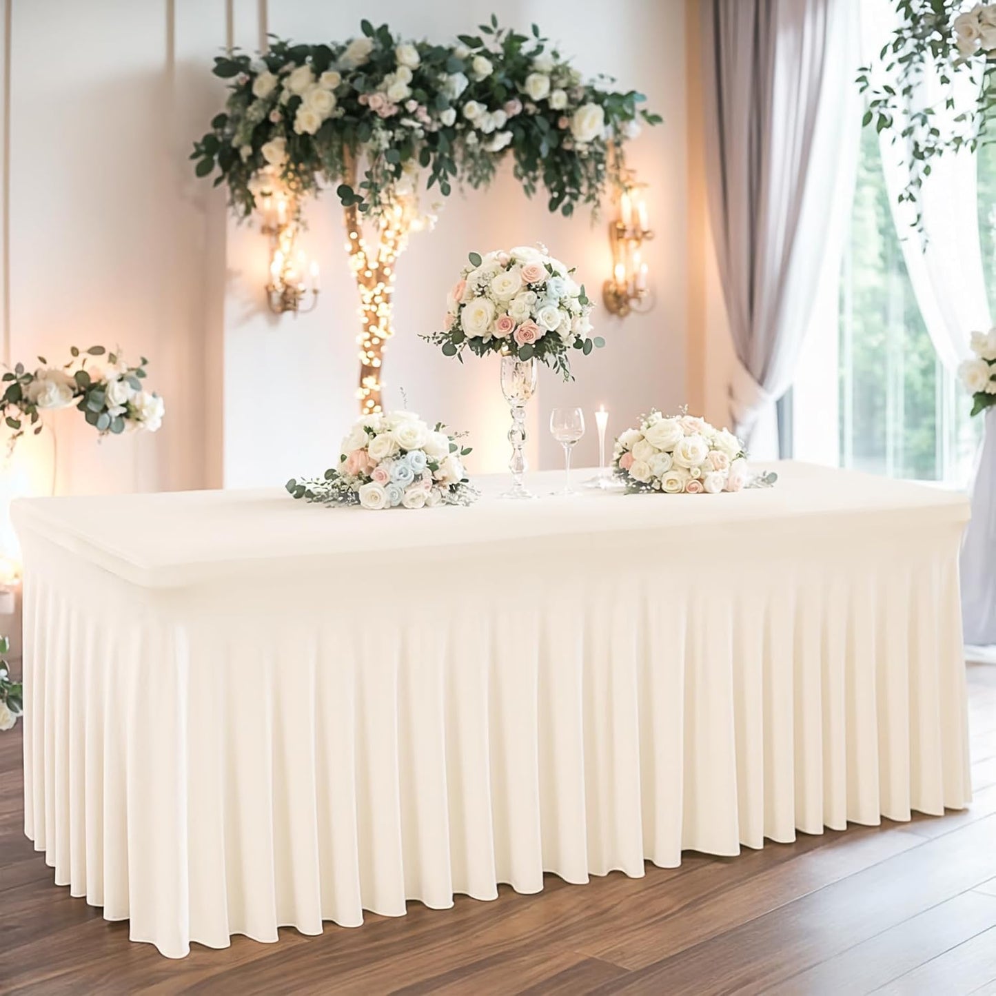 6 Packs Ivory Spandex Table Clothes for 6 Foot Rectangle Table, Spandex Table Covers 6FT Stretch Table Skirts Rectangle Tables Wrinkle Free Fitted Table Cover for Event, Wedding, Banquet & Parties