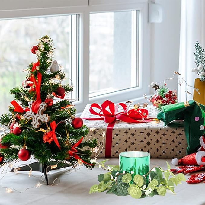 4 Pieces Pillar Candle Rings Wreaths, Artificial Eucalyptus Leaves Wreaths Greenery Candleholders, Rustic Farmhouse Decorative Wreath for Easter Christmas Wedding Party Home Table Door