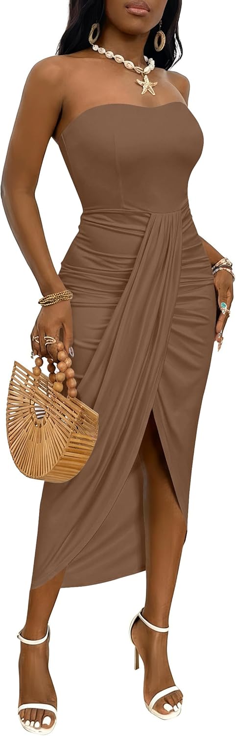 Umenlele Women's Strapless Ruched High Waist Wrap Split Asymmetrical Beach Maxi Long Dress