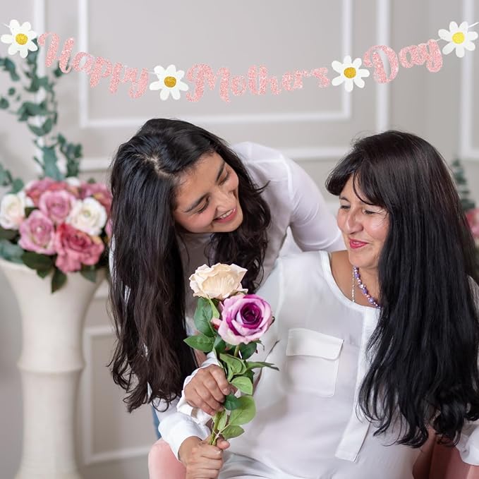 Happy Mother's Day Banner Set Decoration for Mother's Day Party Decorations Backdrop Garland for Mom Glitter Garland Photo Props (Rose Gold)