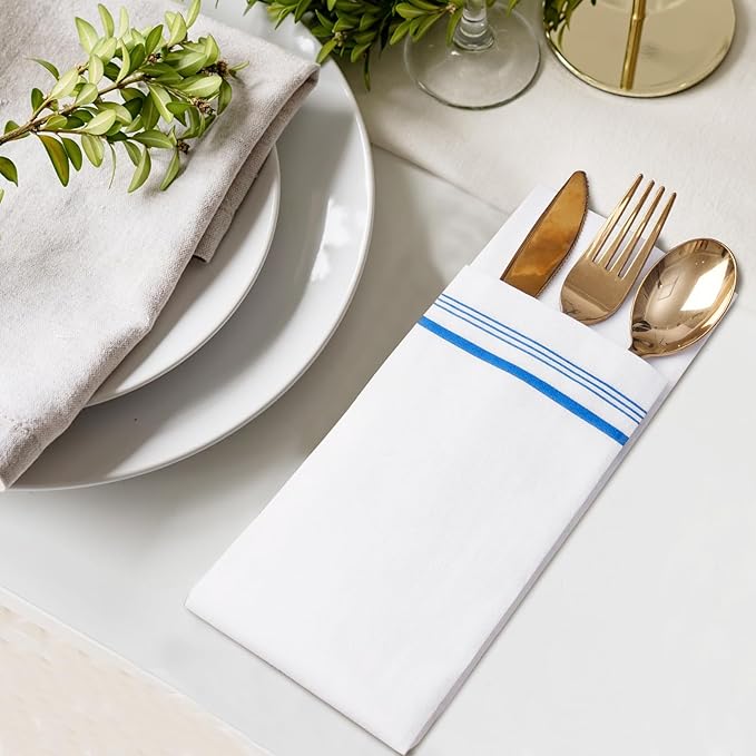 50 Disposable Paper Hand Towels for Bathroom, Decorative Linen Feel Guest Towels, Soft and Absorbent Paper Towels Napkins Bulk for Home Dinner Kitchen Wedding, 12" x 17"(Blue Trim Lined)