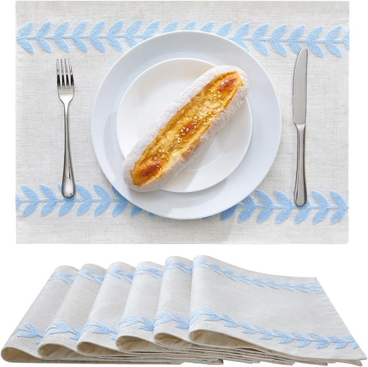Wracra Embroidered Placemats, 13 x 18 Inch Set of 6 Placemats, Irregular Willow Rustic Place Mats for Kitchen Table and Heat Resistant, Blue 6PCS
