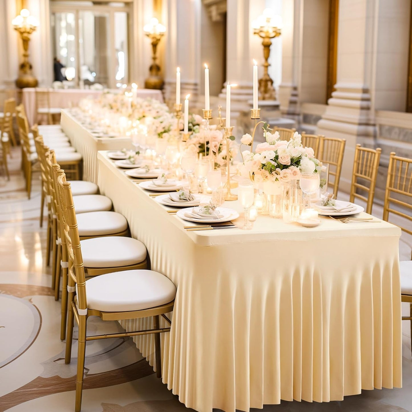 PARTISKY Champagne Spandex Tablecloth for 8ft Rectangle Tables, Stretchable Table Cover Skirt for Folding Tables Weddings Parties Banquets Events Trade Shows and Dessert Table
